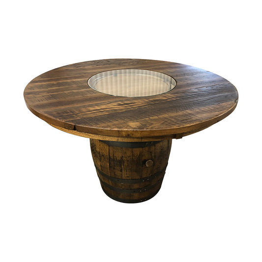 Whiskey Barrel Dining Table, Reclaimed Wood and Glass