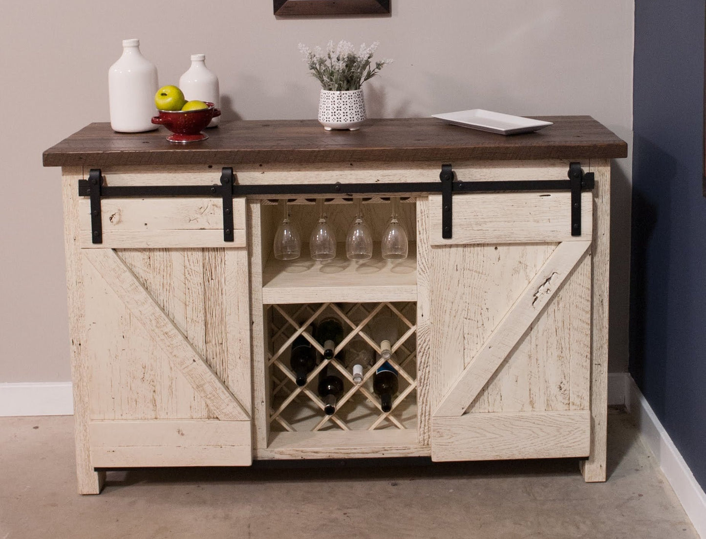 white farmhouse buffet with barn door storage